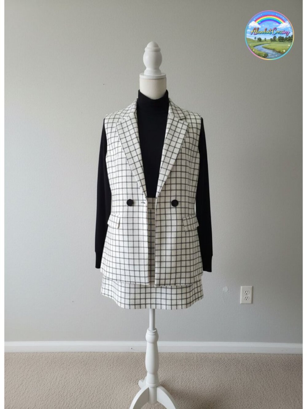 Plaid Lapel Neck Sleeveless Vest Blazer and Skirt 2 Piece Work Set